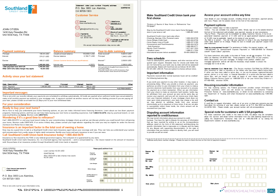 USA California Southland Credit Unio mortgage statement in Word and PDF formats, 2 pages